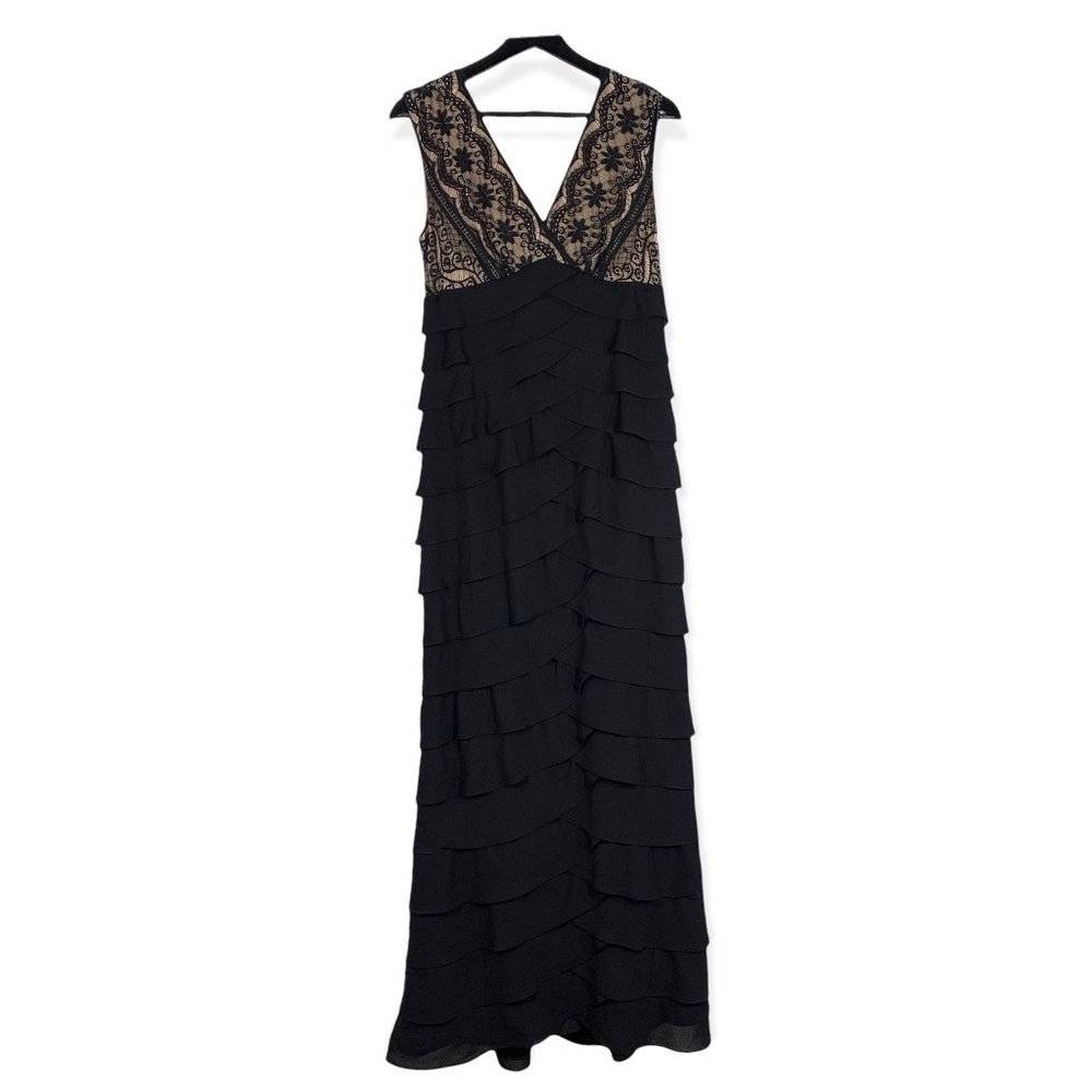 Adrianna Papell Black Lace Tiered Full Length Formal Dress Size 8